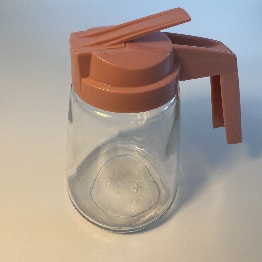 GEMCO Vintage Glass Sugar Syrup Dispenser w/ Retro Pink Plastic Lid and Handle